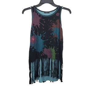 Libertalia Vintage Girls Black Aqua Paint Splatter Hippie Fringe Layered Tank XL